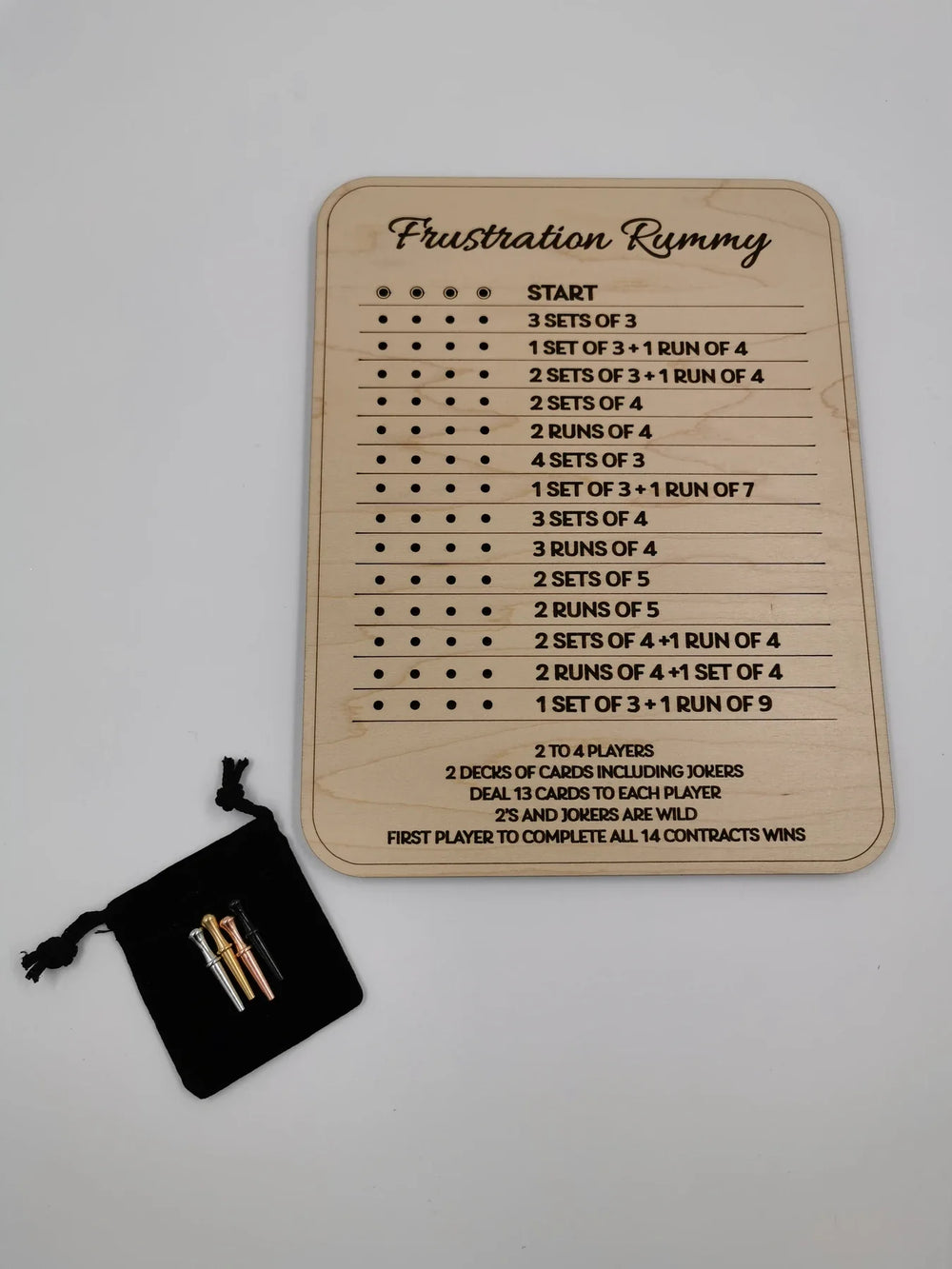 Maple Frustration Rummy board with engraved contract guide