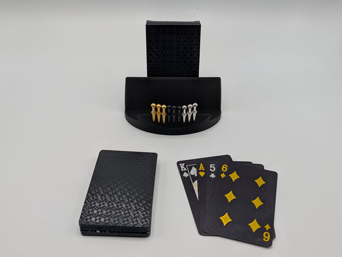 Included luxury plastic playing cards, pegs and display stand