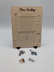 Dice Curling board shown upright with red and blue curling stones, two dice, and six metal pegs