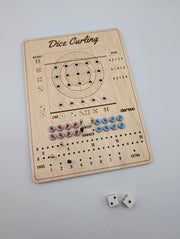 Complete Derevo Dice Curling maple board with all sixteen curling stones, two dice, and tracking pegs