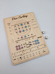Derevo Dice Curling maple board in play with red and blue curling stones, two dice, and score pegs