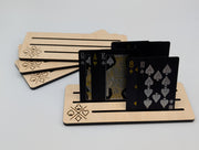 Maple playing card holders with three slots, one holding cards to show use; playing cards sold separately