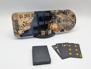 The second buckeye burl and blue galaxy Origin board with its pegs, luxury cards and display stand.