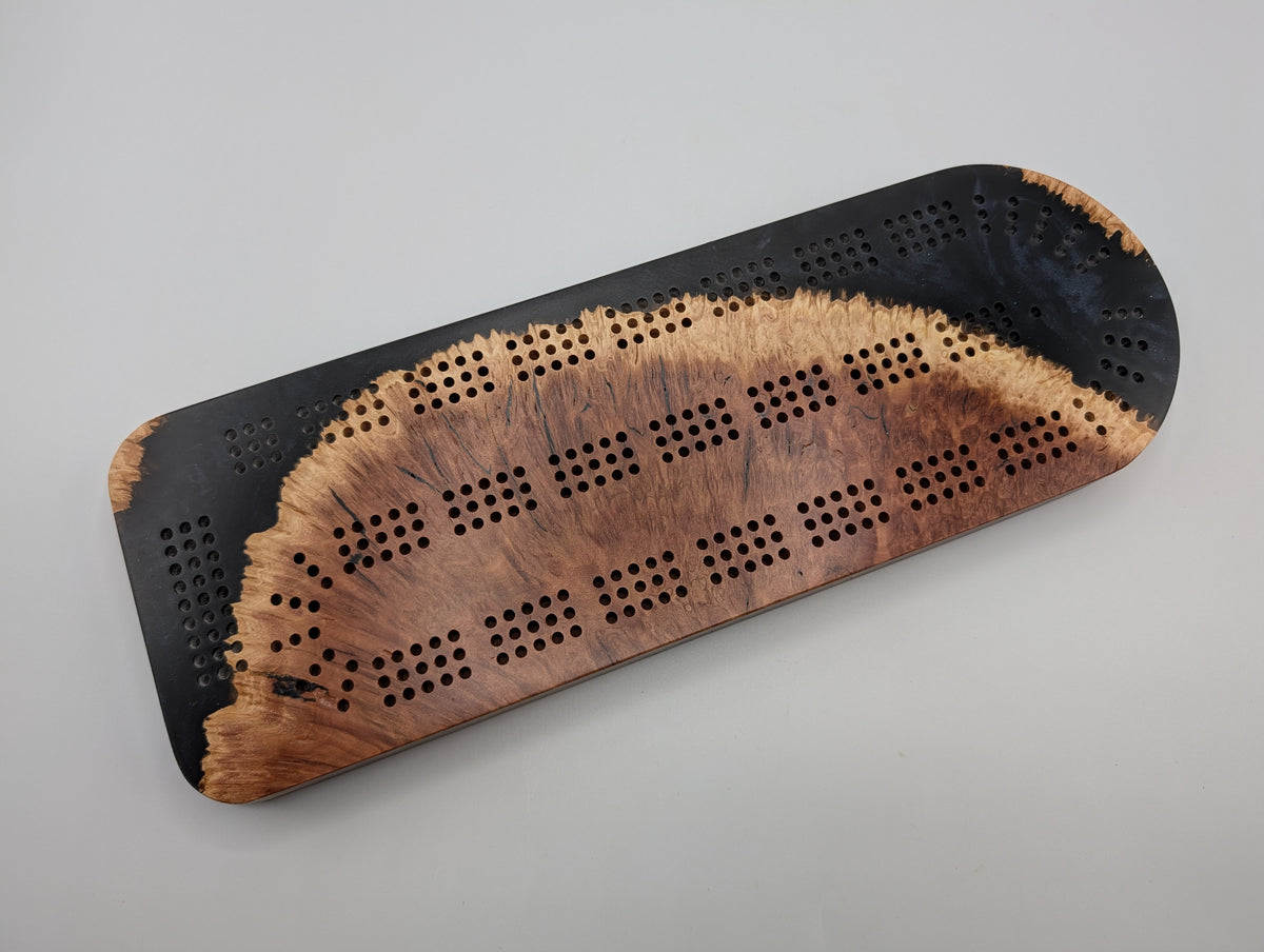 Midnight Shore Origin red mallee burl cribbage board with smoky black resin — playing face.