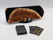 Midnight Shore Origin red mallee burl cribbage board with smoky black resin — shown with included cards, pegs and display stand.