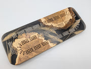 One-of-a-kind Imprint brown mallee burl cribbage board with real Saskatchewan-grown wheat, front showing the cribbage tracks and natural burl edges.