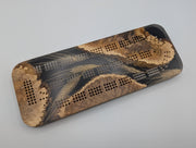 One-of-a-kind Imprint brown mallee burl cribbage board with real Saskatchewan-grown wheat, front showing the cribbage tracks and natural burl edges.