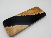 One-of-a-kind Imprint brown mallee burl cribbage board with real strawflowers in yellow, cream and purple, back showing the brown mallee burl and dark epoxy.